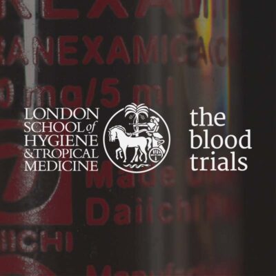 A graphic with the logo of the London School of Hygiene & Tropical Medicine and the text "The Blood Trials" over a dark background.
